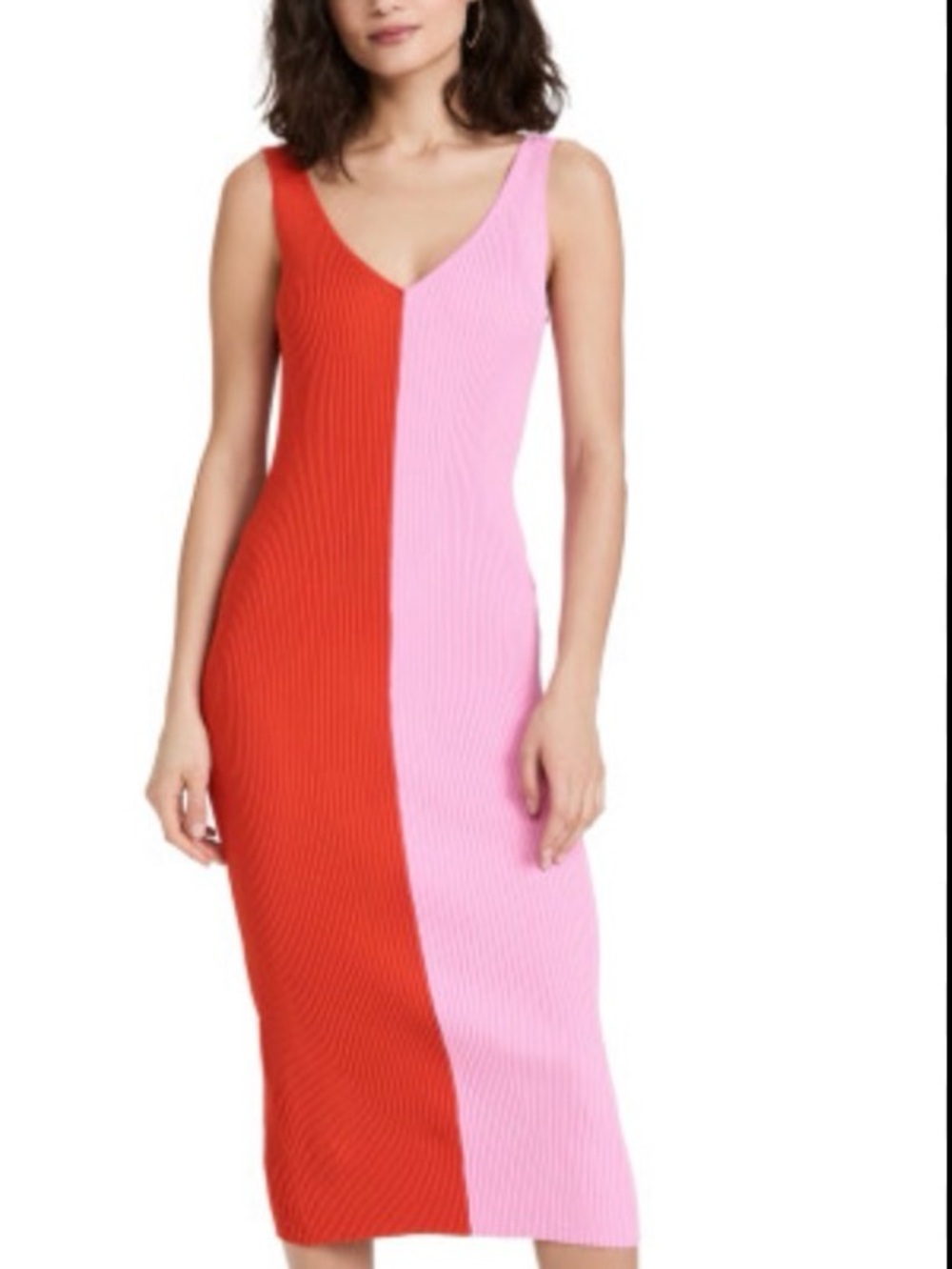 STAUD Two-Tone Ribbed Midi Dress in Red and Pink